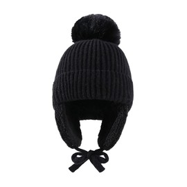 XNDZ Kids Winter Warm Hat with Ear Flaps Boys Girls Thicken Fleece Lined Pom Pom Beanie Cap Ski Snow Sports (Black)