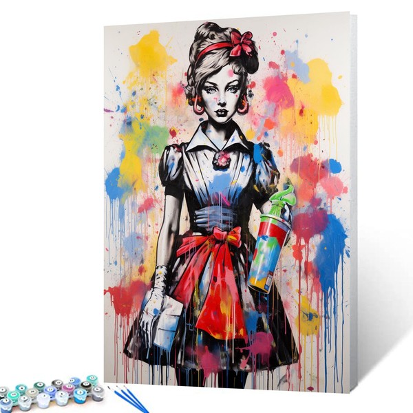 Banksy Graffitic Paint by Numbers Kits with Brushes and Acrylic Pigment on Canvas Men Hold the Flowers Painting for Adults, Heart Arts Crafts Project for Home Wall Decor Gifts 16''x20'' (DIY Framed)