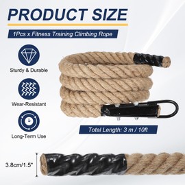 MECCANIXITY Battle Rope 10ft x 1.5 Inch Jute Heavy Fitness Training Gym Climbing Rope with Black Metal Hook Exercise Workout Ropes for Strength Training Home Workouts Sport