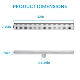 32 Inch Removable Cover Linear Shower Drain 304 Stainless Steel Rectangular Floor Drain for Kitchen Bathroom Square Hole Pattern Drain with Accessories Hair Strainer Adjustable Leveling Feet (Silver)