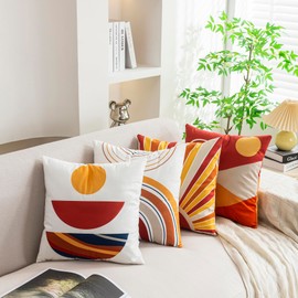 YUMYDG Set of 4 Cushion Covers 45 x 45cm Mid Century Bohemian Sun Moon and Rainbow Minimalist Geometric Abstract Decorative Pillow Cases Home Decor Standard Square Cushion Cover 18x18 Inches