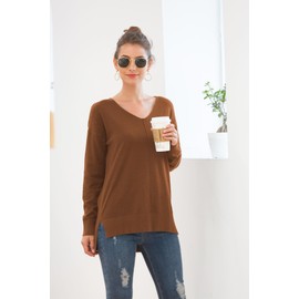 Jouica Womens Fall Fashion 2024 Sweaters Casual Lightweight Long Sleeve Hollow Out Sweater Tops V Neck Cable Knit Pullover Jumper Fall Outfits for Women,Caramel,Large