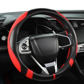West Llama Carbon Fiber Car Steering Wheel Cover for Honda,Anti-Slip, Full Surround Breathable Leather Auto Protector(Black+Red)