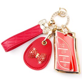 Rayslesan Key Fob Cover with Leather Holder Compatible with Airtag/RFID,Compatible with Lexus GX ES NX RC LC LS UX,RFID Protector,Car Key Accessories(4-Button, Gold Red)