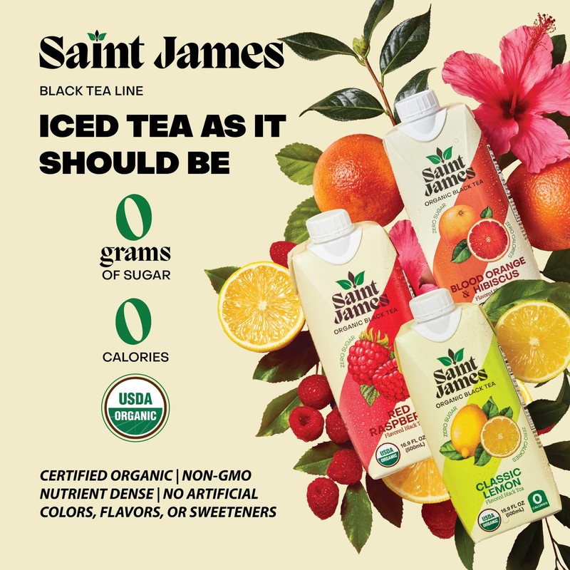 Saint James Organic Black Tea, Classic Lemon, Zero Sugar, Kosher,