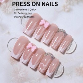 French Tip Press on Nails Fake Nails with Pink Bow Heart Pink V-Shaped French Bow Charms Design Medium Square Nude Acrylic Nails Rhinestones Nails Heart Nails Press Ons for Women 24Pcs