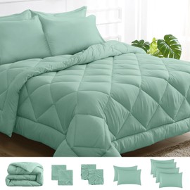 JOLLYVOGUE 11 Pieces King Comforter Set, Reversible Bed in a Bag King Size, All Season Bedding Set with Soft Ripple Green Comforter, Flat Sheets, Fitted Sheets, Pillowcases & Shams
