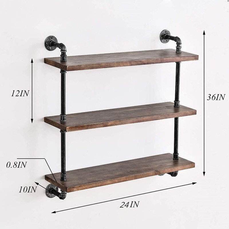 DR.IRON Industrial Pipe Shelves Wall Shelving Rustic Wood Shelf Storage