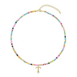 Yifnny Colorful Beaded Initial Necklaces, Gold Letter Pendant Initial Necklace Colorful Jewelry Boho Choker Multicolored Beads Necklaces summer Beaded Chain Rainbow Jewelry for Women (T)