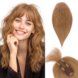 TESS Real Hair Toppers for Women Handmade Lace Base Womens Clip In Hairpieces with Bangs 5 Clips Natural Coverage Soft and Secure 2×6", Light Brown