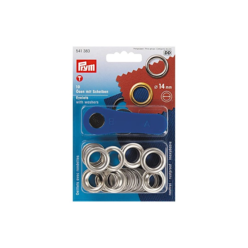 Prym Eyelets with Washers + Tool 14 mm Diameter Silver