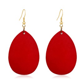 KaFu Dangle Natural Wood Teardrop Geometric Circle Earrings Stainless Steel Stud Bohemia Retro Earrings for Women (Red)