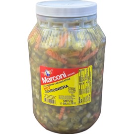 Marconi Hot Giardiniera, Chicago Style Vegetable Mix with Peppers, Carrots, Cauliflower, Celery Gherkins, Bulk Jar, 128 fl oz (1 Gallon)