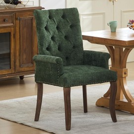 OIKIIWOO Chenille Tufted Dining Chairs with High Back,Neutral Fabric Upholstered Kitchen Chair with Rustic Solid Wood Legs,Farmhouse Side Chairs with Arms Nailhead Trim for Dining Room (Olive, 1PC)