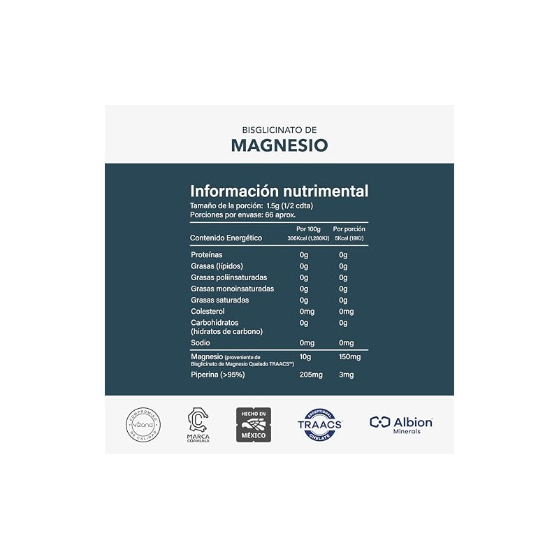 VIZANA NUTRITION | Bisglicinato de Magnesio en Polvo 100 gr.