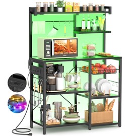 Aheaplus Bakers Rack with Power Outlet and LED Light Strings, Microwave Oven Stand Kitchen Storage Shelf with Wire Basket, Coffee Bar Station Island Table with 10 Hooks for Spices, Pots, Pans, Black