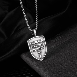 PikaLF Angel Wings Necklace for Men, Wings Sword Cross Pendant Necklace with 23.6 Inch Chain, Saint Michael the Archangel Amulet Necklace, Shield Necklace, Punk Angel Jewellery, NO