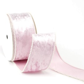 Mayreel 2.5 Inch Pink Crushed Velvet Wired Ribbon with White Beaded Pearl Edge, for Gift Wrapping, Floral Craft, Christmas Ribbon, Tree Decorations, Bows, Home Decor, 10Yards
