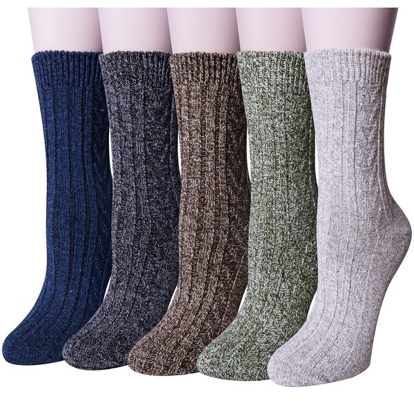 Loritta Pack of 5 Womens Winter Socks Warm Thick Knit Wool Soft Vintage Casual Crew Socks Gifts,A-Navy/Dark grey/Brown/Green/Light grey