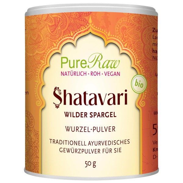 Shatavari Powder Organic (Vegan Ayurvedic Raw Food) - Asparagus Racemosus - Ayurveda Root Powder without Additives - Bottled & Controlled in Germany - Indian Asparagus | PureRaw 50 g