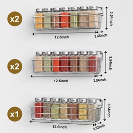 Mystozer 5 Pack Spice Rack Seasoning Organizer Wall Mount, Screw or Adhesive Hanging Shelf Basket Spice Organizer Shelf for Kitchen, Silver