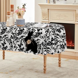 Horaldaily Easter Tablecloth 60×84 Inch Oval, Black Grass Easter Flowers Bunny Washable Seasonal Table Cover for Party Picnic Dinner Decor