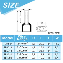 Twin Wire End Ferrules 6 mm² Long 14 mm Wire End Ferrules Partially Insulated PVC Cable Sleeves Made of Tin-Plated Copper (2 x 6 mm²) Pack of 80