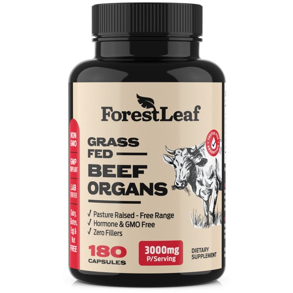 ForestLeaf Beef Organ Supplement - Grass Fed & Pasture Raised - Total Body Wellness & Performance, Organ Complex with 3000mg of Desiccated Beef Liver, Heart, Kidney, Pancreas, Spleen (180 Capsules)