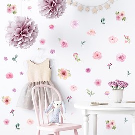 60 Pcs Flower Peel and Stick Wall Decals Watercolor Vinyl Peony Floral and Leaves Wall Stickers Pastel Flower Decor for Girls Bedroom Nursery Classroom Living Room