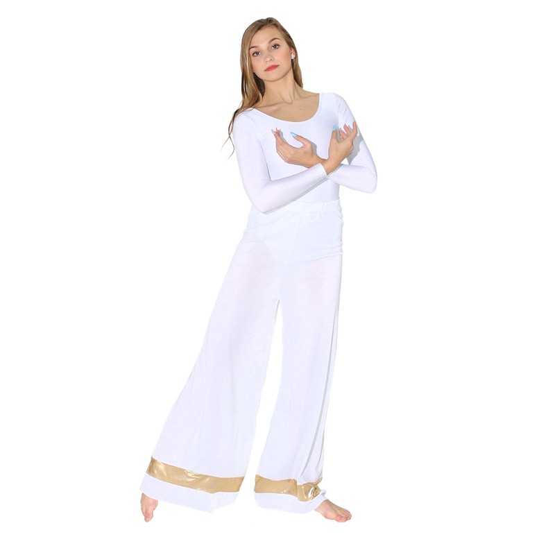 Danzcue - Pantalón Palazzo para mujer, blanco-dorado, 2X-3X