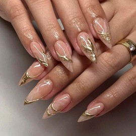 Gold Stamping 3D Press on Nails Short Almond Fake Nails with Irregular Metal Line Designs Glossy Stick on Nails Gel Nail Tips Full Cover Glue on Nails for Coquette Women Girls 24Pcs
