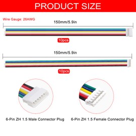 Lyeteung 10 Pairs JST 1.5 ZH 6 Pin Connectors, Mini Micro JST ZH 6-Pin Female and Male with 150mm 26AWG Cable Wire