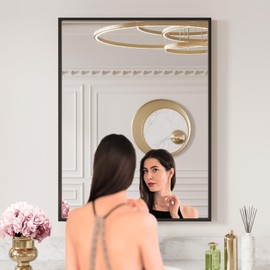 LOAAO 24"X32" Black Rectangle Bathroom Mirror Wall, Matte Black Aluminum Alloy Frame, Tempered Glass, Hangs Vertically or Horizontally, Easy to Install