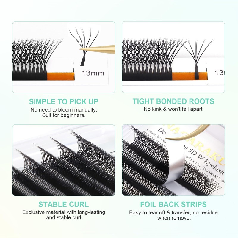 NAGARAKU Double Tips Eyelash Extensions, 5D W Shape Eyelash Extension,