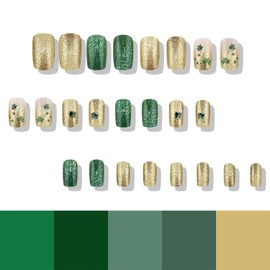 24Pcs St Patricks Press on Nails Square Medium Fake Nails Irish Shamrock Acrylic Nails with Green Glitter Design Glue on Nails Full Cover False Nails Glossy St. Patrick's Nails Press ons for Women