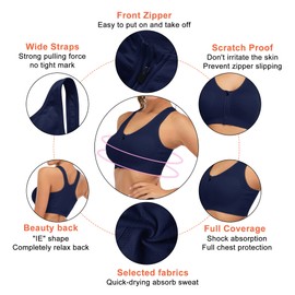 DODOING Zip Front Sports Bra Post Surgery Bra Yoga Bra Workout Fitness Activewear Racerback Padded Bras for Women