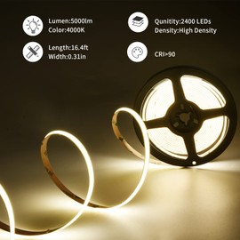 MOMKHBEY COB LED Strip 5 m, 4000 K Natural White LED Strip DC24 V with GS Power Supply, RF Remote Control, 480LEDs/M, CRI 93+, 8 mm Width, Dimmable LED Light Strips for Bedroom, Kitchen, Home