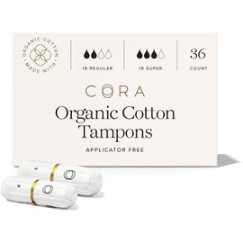 Cora 100% Organic Cotton Non-Applicator Tampons | Ultra-Absorbent, Unscented, Natural, Non-Toxic, Applicator Free | Eco-Conscious | Variety Pack | Regular/Super Absorbency (36 Count (Pack of 1))
