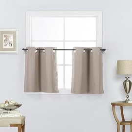 Madrista Home 2 Pc Small Grommet Curtain Panels 100% Blackout Thermal Tier Set, Taupe, Window Kitchen 24" Long