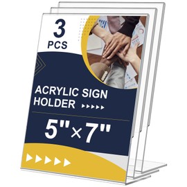 5 x 7 Acrylic Sign Holder - Clear Wedding Table Number Holder, Plastic Picture Frames with Slant Stand, L Shape Desktop Display Stand for Office, Home, Store, Restaurant 3 Pack