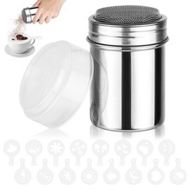 Powdered Sugar Shaker,Cinnamon Shaker Flour Sifter,7oz Stainless Steel Shaker and 16 Pieces Coffee Stencils Latte Art for Baking Soda Cocoa Cornstarch Coffee Flour