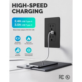 MOES USB Outlets(UL Certified), Type-C & USB-A Ports, 5VDC 4.8A Fast Charging 24W, Tamper-Resistant, Standard US Wall Box Compatible, Screwless Wall Plate Included, 15Amp Black 6 Pack