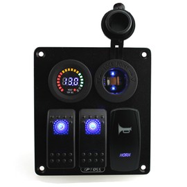 IZTOSS Blue led 3 Gang DC12V 5 pin Rocker Switch and Horn Switch Panel with 12V Voltage Power Socket Wiring Kits and Decal Sticker Labelsfor Marine Boat Car Rv Vehicles Truck