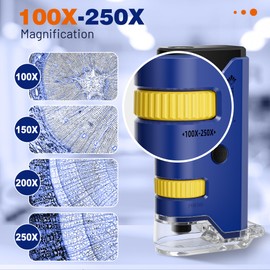 100x-250x Mini Pocket Microscope for Kids Adults, Protable Handheld Microscope with 5 Microscope Slides, Phone Adapter, Miniscope Portable Microscope Kit for Kids Adults Science Lab Education, Blue