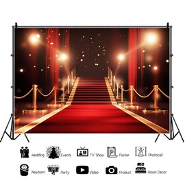 ASDCXZ Red Carpet Photo Backdrop 7x5FT, Gold Red Curtain Backdrop VIP Red Carpet Movie Party Photography Backdrop Golden Ribbon Awards Party Backdrop Graduation Prom Birthday Party