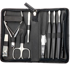 Sonnenschein by Hans Kniebes - 9-Piece Manicure Case - Nail Scissors, Cuticle Nippers, Clippers, Tweezers, File - Black