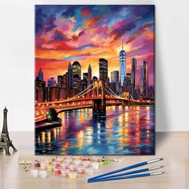 TUMOVO Paint by Numbers for Adults Colorful Cityscape Adults' Paint by Number Kits Brooklyn Bridge Sunset Landscape Art Painting Kits with Brushes Oil Painting Art Crafts 16x20 in