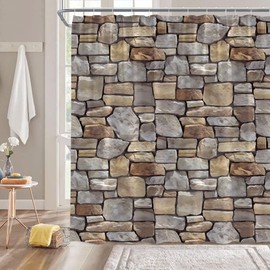 GCTNBJL Brick Wall Shower Curtain Vintage Brown Gray Stone Rocks Rustic Country Retro Geometric Wall Square Shaped Bathroom Home Curtain with Hooks,70" Wx70 H