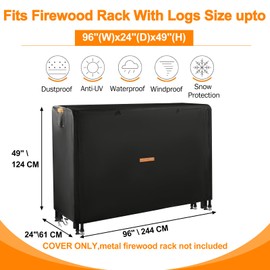 DOCEPERT 8 FT Outdoor Firewood Rack Cover (Log Rack not Included) - Waterproof Zippered Firewood Storage Cover with Openable Front Flap, 420D Oxford Fabric, Fits 96"X24"X49" Wood Racks, Black