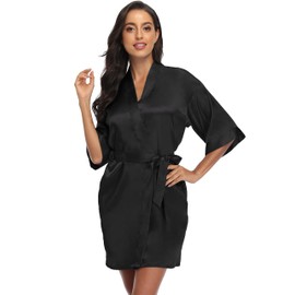 Trek Forte Women's Satin Kimono Robe Short Pure Silky Bathrobe Bride Bridesmaid Dressing Gowns Summer Sleepwear, Black XL